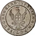 Regno di Sardegna Vittorio Emanuele I di Savoia 1802 1821 Periodo anteriore alla riforma decimale del 1816 2,6 soldi 1814 1815 Aquila spiegata 19 mm 2,45 2,6 g Mi rovescio