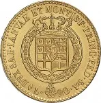 Regno di Sardegna Vittorio Emanuele I di Savoia 1802 1821 Periodo posteriore alla riforma decimale del 1816 20 lire 1816 1820 Scudo sannitico 1 tipo 21 mm 6,4 6,45 g Au rovescio
