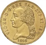 Regno di Sardegna Vittorio Emanuele I di Savoia 1802 1821 Periodo posteriore alla riforma decimale del 1816 20 lire 1816 1820 Scudo sannitico 1 tipo 21 mm 6,4 6,45 g Au dritto