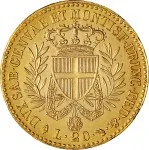 Regno di Sardegna Vittorio Emanuele I di Savoia 1802 1821 Periodo posteriore alla riforma decimale del 1816 20 lire 1821 Scudo triangolare 2 tipo 21 mm 6,42 6,45 g Au rovescio