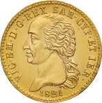 Regno di Sardegna Vittorio Emanuele I di Savoia 1802 1821 Periodo posteriore alla riforma decimale del 1816 20 lire 1821 Scudo triangolare 2 tipo 21 mm 6,42 6,45 g Au dritto