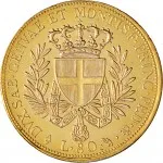 Regno di Sardegna Vittorio Emanuele I di Savoia 1802 1821 Periodo posteriore alla riforma decimale del 1816 80 lire 1821 Scudo triangolare 33 mm 25,77 25,8 g Au rovescio