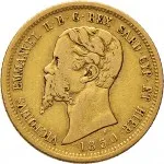 Regno di Sardegna Vittorio Emanuele II di Savoia 1849 1861 10 lire 1850 1860 Scudo sannitico 18 mm 3,18 3,23 g Au dritto