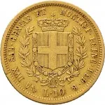 Regno di Sardegna Vittorio Emanuele II di Savoia 1849 1861 10 lire 1850 1860 Scudo sannitico 18 mm 3,18 3,23 g Au rovescio