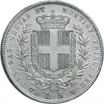 Regno di Sardegna Vittorio Emanuele II di Savoia 1849 1861 5 lire 1850 1861 Scudo sannitico 37 mm 24,66 25,05 g Ag rovescio