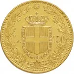 Regno d'Italia Umberto I di Savoia 1878 1900 100 lire 1880 1883 Scudo sannitico 1 tipo 35 mm 32,15 32,25 g Au rovescio