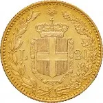 Regno d'Italia Umberto I di Savoia 1878 1900 20 lire 1879 1897 Scudo sannitico 21 mm 6,43 6,45 g Au rovescio