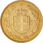 Regno d'Italia Umberto I di Savoia 1878 1900 50 lire 1884 1891 Scudo sannitico 28 mm 16,11 16,13 g Au rovescio