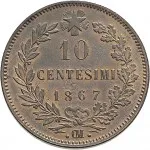 Regno d'Italia Vittorio Emanuele II di Savoia 1861 1878 10 Centesimi 1867 Valore entro semicorona di alloro e quercia 2 tipo 30 mm 9,23 10,36 g rovescio
