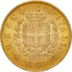 Regno d'Italia Vittorio Emanuele II di Savoia 1861 1878 10 lire 1863 1865 Scudo sannitico 2 tipo 18.5 mm 3,21 3,22 g Au rovescio