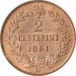 Regno d'Italia Vittorio Emanuele II di Savoia 1861 1878 2 centesimi 1861 1867 Valore entro semicorona di alloro e quercia 20 mm 2 2,08 g rovescio