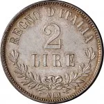 Regno d'Italia Vittorio Emanuele II di Savoia 1861 1878 2 lire 1863 Valore su due rami di alloro 3 tipo 27 mm 9,86 10 g Ag rovescio