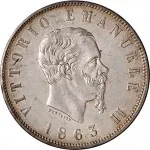 Regno d'Italia Vittorio Emanuele II di Savoia 1861 1878 2 lire 1863 Valore su due rami di alloro 3 tipo 27 mm 9,86 10 g Ag dritto