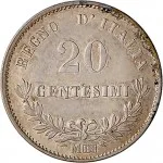 Regno d'Italia Vittorio Emanuele II di Savoia 1861 1878 20 centesimi 1863 1867 Valore su due rami di alloro 2 tipo 16 mm 0,98 1,05 g Ag rovescio