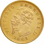 Regno d'Italia Vittorio Emanuele II di Savoia 1861 1878 5 lire 1863 1865 Scudo sannitico 17 mm 1,61 1,62 g Au dritto