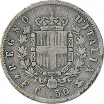 Regno d'Italia Vittorio Emanuele II di Savoia 1861 1878 50 centesimi 1861 1862 Scudo sannitico 1 tipo 18 mm 2,45 2,54 g Ag rovescio