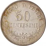 Regno d'Italia Vittorio Emanuele II di Savoia 1861 1878 50 centesimi 1863 1867 Valore su due rami di alloro 3 tipo 18 mm 2,46 2,57 g Ag rovescio