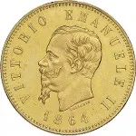 Regno d'Italia Vittorio Emanuele II di Savoia 1861 1878 50 lire 1864 Scudo sannitico 27.5 mm 16,1 16,12 g Au dritto
