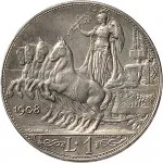 Regno d'Italia Vittorio Emanuele III di Savoia 1900 1936 Re 1 lira 1908 1913 Italia su quadriga veloce 23 mm 4,726 5,025 g Ag rovescio