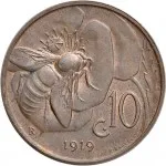 Regno d'Italia Vittorio Emanuele III di Savoia 1900 1936 Re 10 Centesimi 1919 1937 Ape su fiore 22.5 mm 5,319 5,481 g rovescio