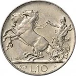 Regno d'Italia Vittorio Emanuele III di Savoia 1900 1936 Re 10 lire 1926 1934 Italia su biga briosa 27 mm 10,05 9,452 g Ag rovescio