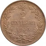 Regno d'Italia Vittorio Emanuele III di Savoia 1900 1936 Re 2 centesimi 1903 1908 Valore entro semicorona di alloro e quercia 20 mm 1,97 2,03 g rovescio