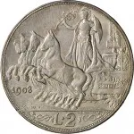 Regno d'Italia Vittorio Emanuele III di Savoia 1900 1936 Re 2 lire 1908 1912 Italia su quadriga veloce 27 mm 9,452 10,05 g Ag rovescio