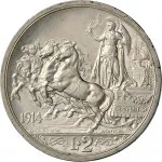 Regno d'Italia Vittorio Emanuele III di Savoia 1900 1936 Re 2 lire 1914 1917 Italia su quadriga briosa 27 mm 9,452 10,05 g Ag rovescio
