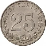 Regno d'Italia Vittorio Emanuele III di Savoia 1900 1936 Re 25 centesimi 1902 1903 Aquila spiegata 21.5 mm 3,96 4,14 g Ni rovescio
