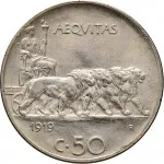 Regno d'Italia Vittorio Emanuele III di Savoia 1900 1936 Re 50 centesimi 1919 1935 Giustizia su quadriga di leoni 23.8 mm 5,94 6,06 g Ni rovescio