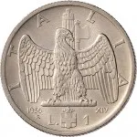 Regno d'Italia Vittorio Emanuele III di Savoia 1936 1943 Re e Imperatore 1 lira 1936 Anno XIV 1938 Anno XVII Aquila romana 1 tipo 26.5 mm 7,92 8,08 g Ni rovescio