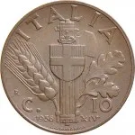 Regno d'Italia Vittorio Emanuele III di Savoia 1936 1943 Re e Imperatore 10 Centesimi 1936 Anno XIV 1939 Anno XVII Scudo semirotondo 1 tipo 22.5 mm 5,319 5,481 g rovescio