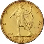 Regno d'Italia Vittorio Emanuele III di Savoia 1936 1943 Re e Imperatore 100 lire 1936 Anno XIV Littore 1 tipo 23.5 mm 8,742 8,812 g Au rovescio