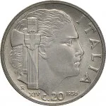 Regno d'Italia Vittorio Emanuele III di Savoia 1936 1943 Re e Imperatore 20 centesimi 1936 Anno XIV 1938 Anno XVII Italia fascista 1 tipo 21.5 mm 3,96 4,04 g Ni rovescio