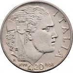 Regno d'Italia Vittorio Emanuele III di Savoia 1936 1943 Re e Imperatore 20 centesimi 1938 Anno XVII 1943 Anno XXI Italia fascista 2 tipo 21.7 mm 3,92 4,08 g Ac rovescio