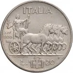 Regno d'Italia Vittorio Emanuele III di Savoia 1936 1943 Re e Imperatore 20 lire 1936 Anno XIV 1941 Anno XX Italia su quadriga lenta 35.5 mm 18,905 20,1 g Ag rovescio