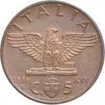 Regno d'Italia Vittorio Emanuele III di Savoia 1936 1943 Re e Imperatore 5 centesimi 1936 Anno XIV 1939 Anno XVII Aquila romana 1 tipo 19.5 mm 3,202 3,298 g rovescio