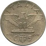 Regno d'Italia Vittorio Emanuele III di Savoia 1936 1943 Re e Imperatore 5 centesimi 1939 Anno XVII 1943 Anno XXI Aquila romana 2 tipo 19.5 mm 2,508 3,392 g Ba rovescio