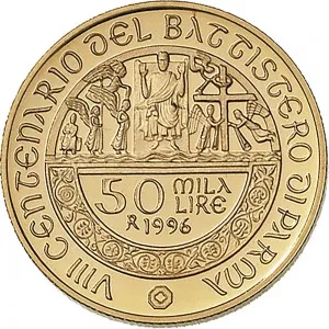 Repubblica Italiana Lire 1946 2001 Repubblica Italiana Emissioni in oro confezionate 50.000 lire 1996 Battistero di Parma 20 mm 7,4625 7,5375 g Au rovescio