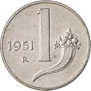 Repubblica Italiana Lire 1946 2001 Repubblica Italiana Monetazione del secondo periodo dal 1951 1 lira 1951 2001 Cornucopia 17,2 mm 0,613 0,637 g It rovescio
