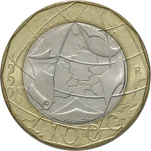 Repubblica Italiana Lire 1946 2001 Repubblica Italiana Monetazione del secondo periodo dal 1951 1.000 lire 1997 2001 Geografia 2 tipo 27 mm 8,5 9,2 g Ba CuNi rovescio