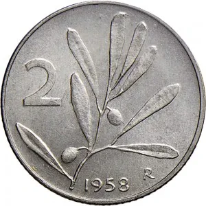 Repubblica Italiana Lire 1946 2001 Repubblica Italiana Monetazione del secondo periodo dal 1951 2 lire 1953 2001 Ramo di ulivo 18,3 mm 0,76 0,86 g It rovescio