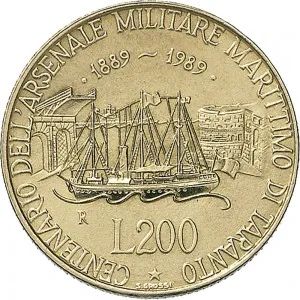 Repubblica Italiana Lire 1946 2001 Repubblica Italiana Monetazione del secondo periodo dal 1951 200 lire 1989 Nave 24 mm 4,9 5,1 g Ba rovescio