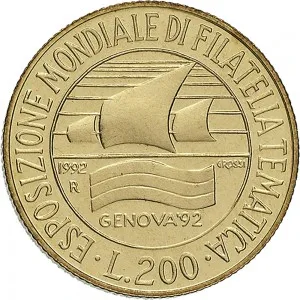 Repubblica Italiana Lire 1946 2001 Repubblica Italiana Monetazione del secondo periodo dal 1951 200 lire 1992 Esposizione Genova '92 24 mm 4,9 5,1 g Ba rovescio