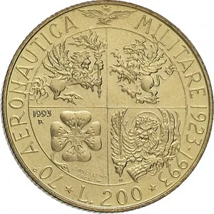Repubblica Italiana Lire 1946 2001 Repubblica Italiana Monetazione del secondo periodo dal 1951 200 lire 1993 Stemma Aeronautica militare italiana 24 mm 4,9 5,1 g Ba rovescio