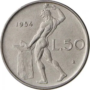 Repubblica Italiana Lire 1946 2001 Repubblica Italiana Monetazione del secondo periodo dal 1951 50 lire 1954 1989 Vulcano 1 tipo 24,8 mm 6,094 6,406 g Ac rovescio