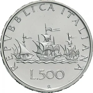 Repubblica Italiana Lire 1946 2001 Repubblica Italiana Monetazione del secondo periodo dal 1951 500 lire 1958 2001 Caravelle 29 mm 10,945 11,055 g Ag rovescio