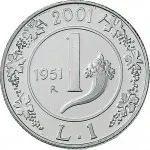 Repubblica Italiana Repubblica Italiana Lire 1946 2001Emissioni in argento confezionate 1 lira 2001 Storia della Lira Cornucopia 3 tipo 24 mm 5,97 6,03 g Ag rovescio