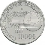 Repubblica Italiana Repubblica Italiana Lire 1946 2001Emissioni in argento confezionate 10.000 lire 1998 Mondiali di calcio Francia 34 mm 21,89 22,11 g Ag rovescio