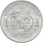 Repubblica Italiana Repubblica Italiana Lire 1946 2001Emissioni in argento confezionate 500 lire 1989 Lotta contro il cancro 29 mm 10,945 11,055 g Ag rovescio